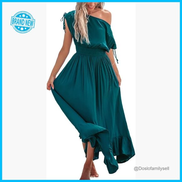 Maxi Dress Elegant One Shoulder Smocked Waist Ruffled Hem Flowy Rayon Formal